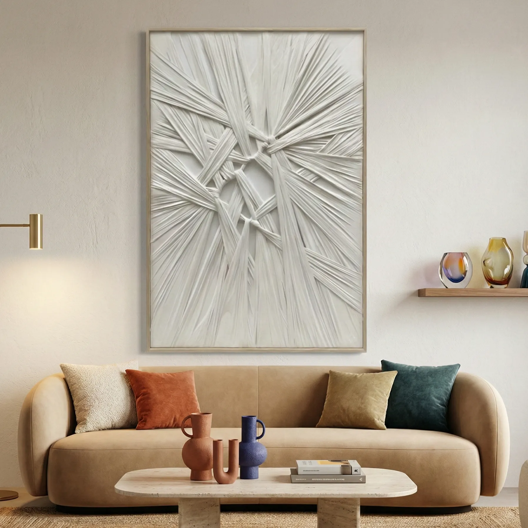 White Radiance Sculptural radiating textile piece fabric wall art (1.5) Textured abstract hand-painted canvas with layered white brushstrokes and dimensional relief detail in monochrome, contemporary living space