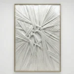 Textured abstract hand-painted canvas with interwoven cream and grey linear forms creating dimensional relief, contemporary gallery setting