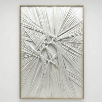 Textured abstract hand-painted canvas with interwoven cream and grey linear forms creating dimensional relief, contemporary gallery setting