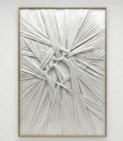 Textured abstract hand-painted canvas with interwoven cream and grey linear forms creating dimensional relief, contemporary gallery setting
