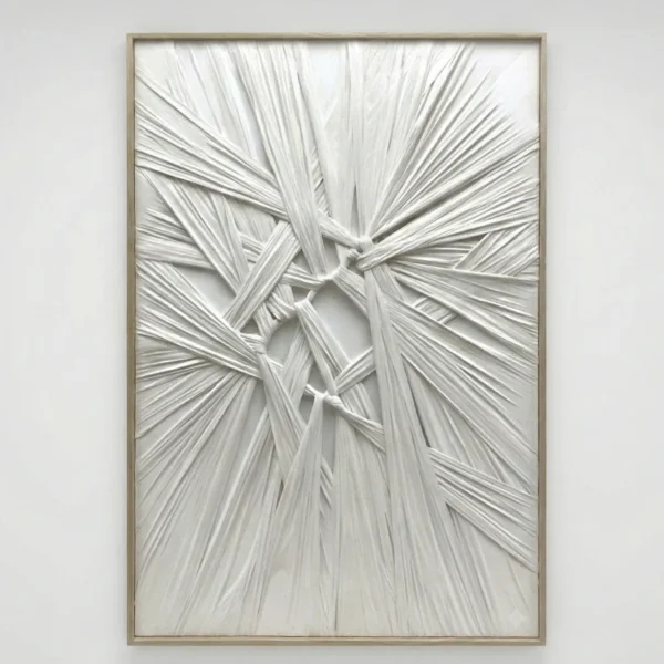 Textured abstract hand-painted canvas with interwoven cream and grey linear forms creating dimensional relief, contemporary gallery setting