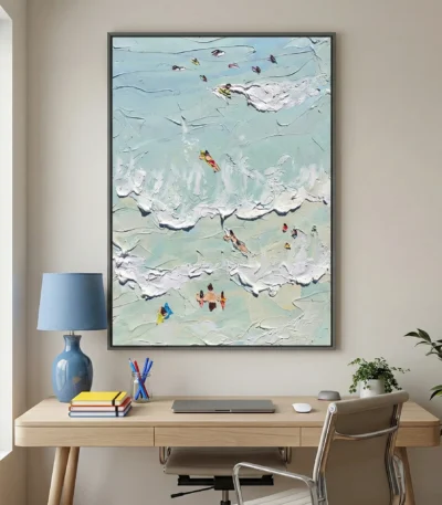 Impressionist hand-painted canvas depicting beachgoers and swimmers in turquoise waters with thick impasto brushwork, soft cream and blue palette, contemporary workspace