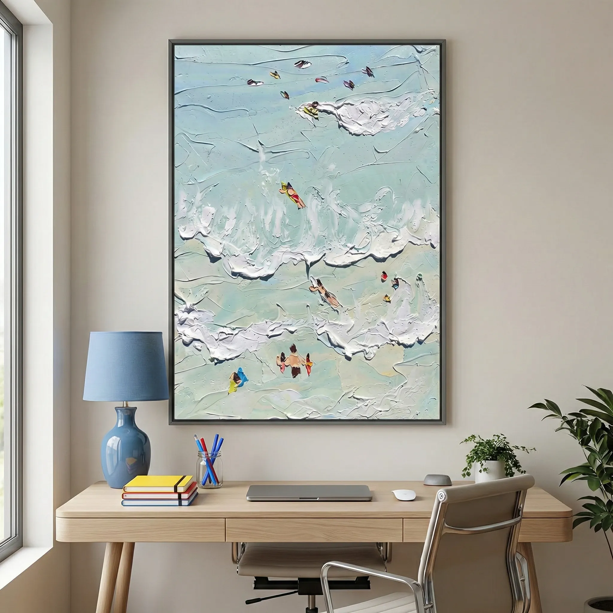 White Water Motion Heavily textured seascape painting Textured wall art (1.5) Impressionist hand-painted canvas depicting beachgoers and swimmers in turquoise waters with thick impasto brushwork, soft cream and blue palette, contemporary workspace