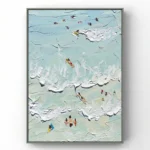 Impasto hand-painted canvas depicting aerial beach scene with colorful swimmers and kayakers in turquoise waters, cream and pale aqua palette