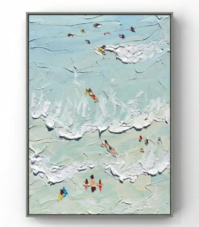 Impasto hand-painted canvas depicting aerial beach scene with colorful swimmers and kayakers in turquoise waters, cream and pale aqua palette
