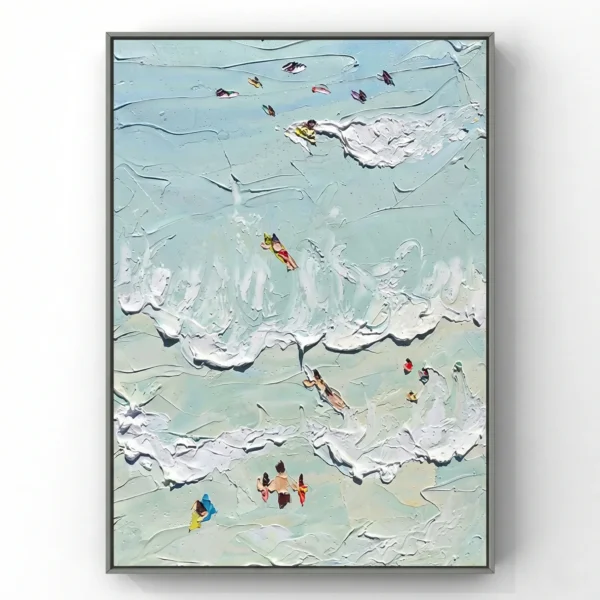 Impasto hand-painted canvas depicting aerial beach scene with colorful swimmers and kayakers in turquoise waters, cream and pale aqua palette