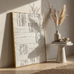 Woven Lattice textured wall art shown framed on the wall in a styled interior