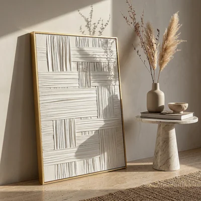 Woven Lattice textured wall art shown framed on the wall in a styled interior
