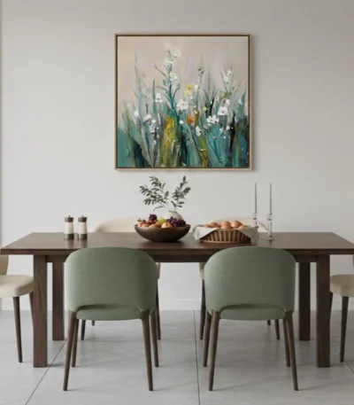 Layered impressionist hand-painted canvas depicting wildflowers and grasses in soft greens, creams, and pale yellows, contemporary dining space