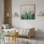 Impressionist hand-painted canvas depicting wildflowers in soft greens, whites, and golden yellows, children's bedroom setting