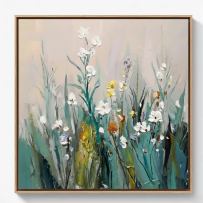Contemporary hand-painted canvas featuring white, yellow, and purple wildflowers among layered green stems, soft neutral palette