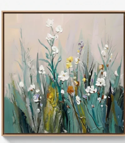 Contemporary hand-painted canvas featuring white, yellow, and purple wildflowers among layered green stems, soft neutral palette