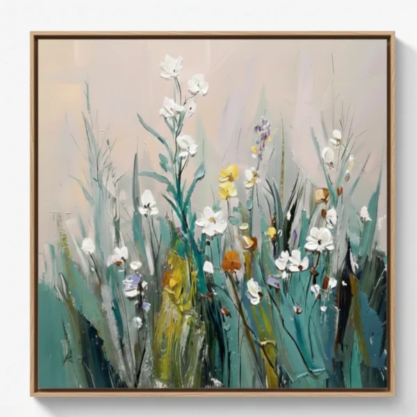 Contemporary hand-painted canvas featuring white, yellow, and purple wildflowers among layered green stems, soft neutral palette