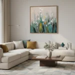Impressionist hand-painted canvas depicting wildflowers with white blossoms and muted green foliage in soft tonal palette, contemporary living space