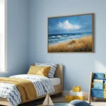 Contemporary landscape hand-painted canvas depicting coastal dunes and ocean waves in blue and golden tones, styled bedroom