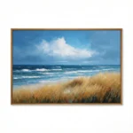 Impressionist hand-painted canvas depicting coastal dune grasses with rolling ocean waves and blue sky, warm gold and deep blue tones