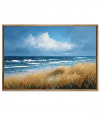 Impressionist hand-painted canvas depicting coastal dune grasses with rolling ocean waves and blue sky, warm gold and deep blue tones