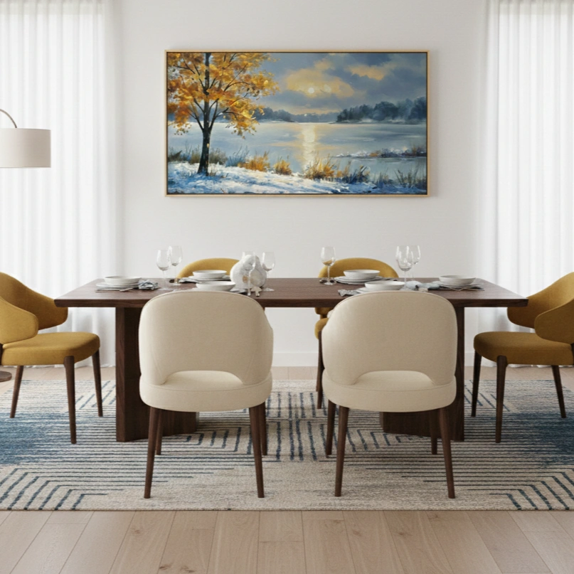 Winter Glow Serene Horizon Nature color art wall decor (1.5) Impressionist landscape hand-painted canvas depicting a golden tree by a snowy winter lake, cool blue and warm ochre palette, dining space setting