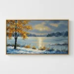 Impressionist landscape hand-painted canvas depicting a golden autumn tree beside a frozen winter lake, cool blues and warm ochre palette, neutral interior setting