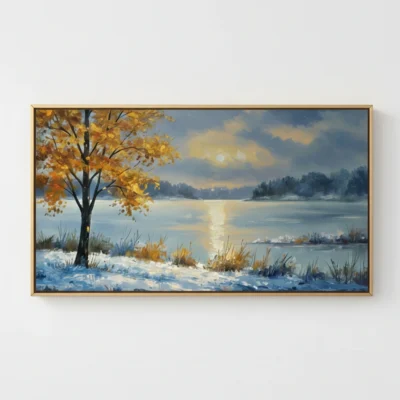 Impressionist landscape hand-painted canvas depicting a golden autumn tree beside a frozen winter lake, cool blues and warm ochre palette, neutral interior setting