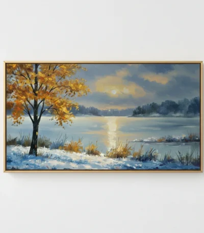 Impressionist landscape hand-painted canvas depicting a golden autumn tree beside a frozen winter lake, cool blues and warm ochre palette, neutral interior setting