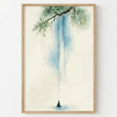 Minimalist hand-painted canvas depicting solitary figure beneath cascading waterfall with delicate green foliage, cool blue and cream tones