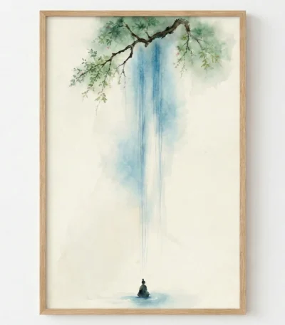 Minimalist hand-painted canvas depicting solitary figure beneath cascading waterfall with delicate green foliage, cool blue and cream tones