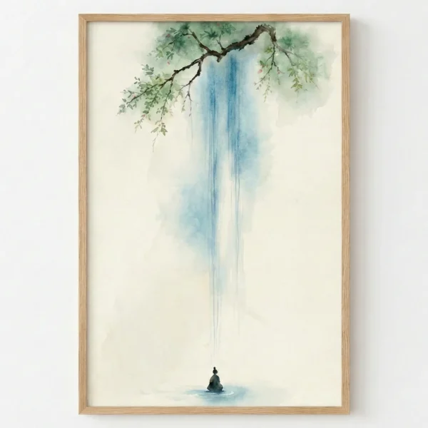 Minimalist hand-painted canvas depicting solitary figure beneath cascading waterfall with delicate green foliage, cool blue and cream tones