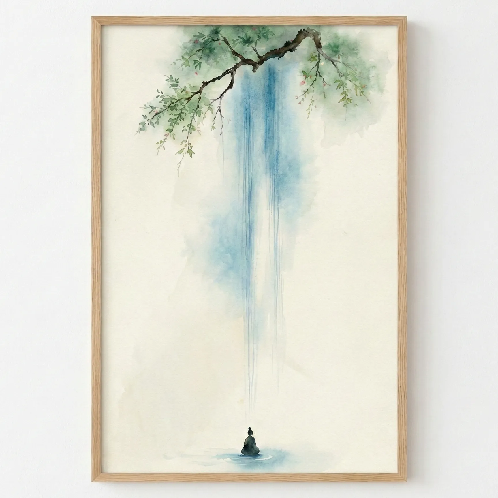 Zen Cascade Blue watercolor waterfall lone figure minimal wall art (1) Minimalist hand-painted canvas depicting solitary figure beneath cascading waterfall with delicate green foliage, cool blue and cream tones