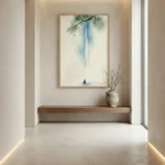 Minimalist hand-painted canvas depicting a solitary figure beneath cascading blue water and delicate green foliage, contemporary entryway