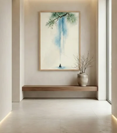 Minimalist hand-painted canvas depicting a solitary figure beneath cascading blue water and delicate green foliage, contemporary entryway
