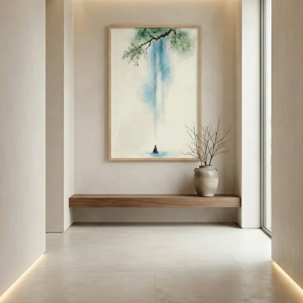 Minimalist hand-painted canvas depicting a solitary figure beneath cascading blue water and delicate green foliage, contemporary entryway