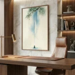 Minimalist hand-painted canvas depicting a solitary figure beneath cascading waterfall and delicate foliage in blue and green tones, contemporary office setting