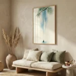 Minimalist hand-painted canvas depicting a solitary boat beneath cascading blue waterfall and delicate willow branch, cream and sage palette, contemporary living space