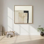 Minimalist abstract hand-painted canvas in cream, beige and black geometric forms, contemporary interior