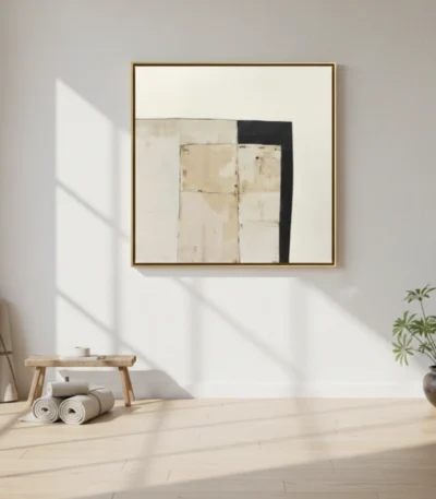 Minimalist abstract hand-painted canvas in cream, beige and black geometric forms, contemporary interior