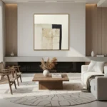 Minimalist abstract hand-painted canvas in cream, black, and taupe geometric forms, contemporary living space