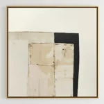 Minimalist hand-painted canvas with layered geometric forms in cream, beige, and charcoal, contemporary living space