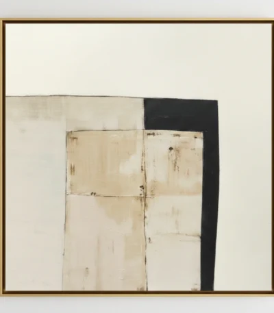Minimalist hand-painted canvas with layered geometric forms in cream, beige, and charcoal, contemporary living space