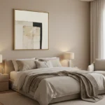 Minimalist abstract hand-painted canvas with cream and black geometric forms on neutral ground, modern bedroom