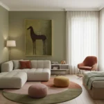 Minimalist figurative hand-painted canvas depicting an elongated horse in dark silhouette against muted olive-green, contemporary living space