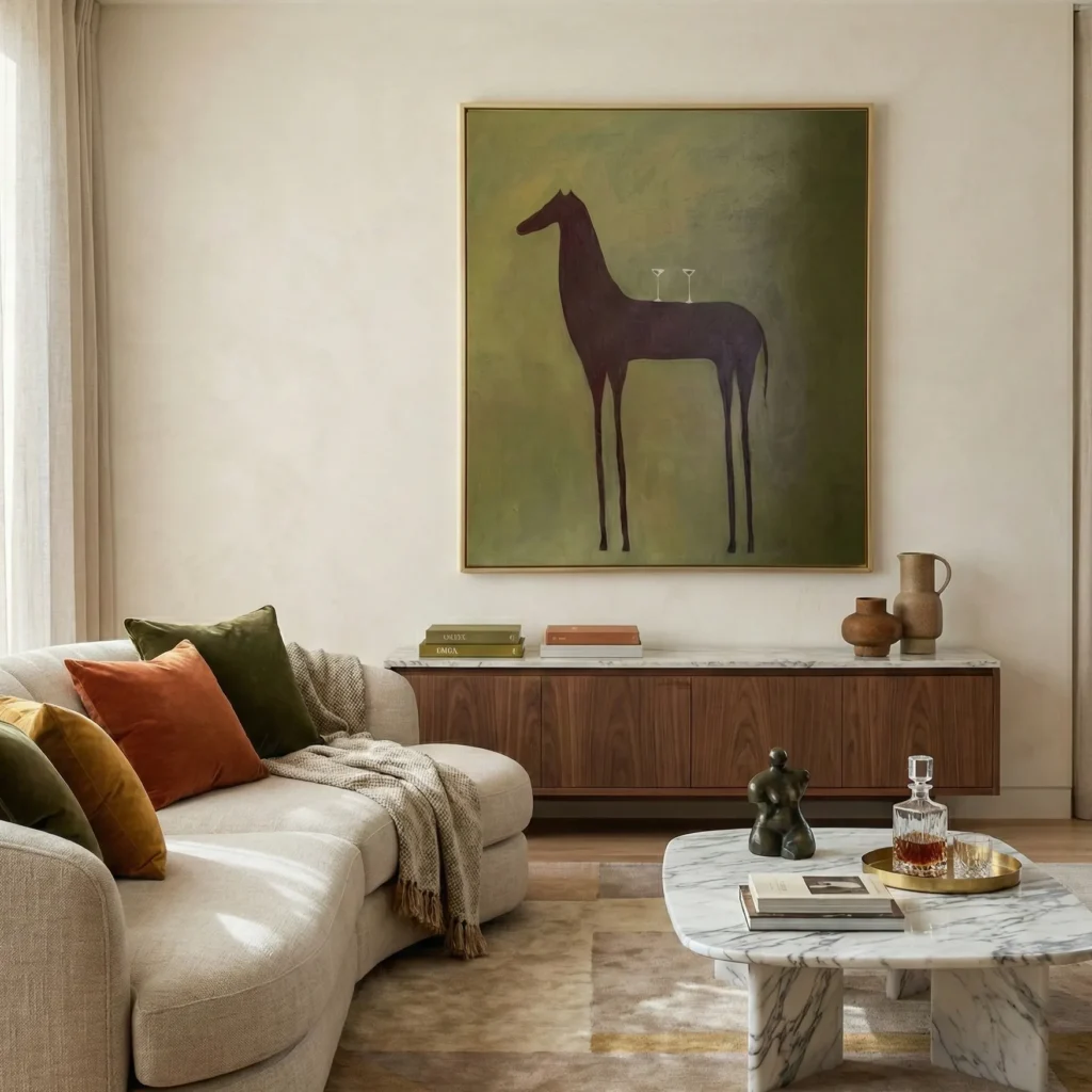 Minimalist figurative hand-painted canvas depicting an elongated dark horse silhouette against muted olive-green backdrop, contemporary living space