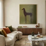 Minimalist figurative hand-painted canvas depicting an elongated dark horse silhouette against muted olive-green backdrop, contemporary living space