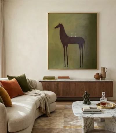Minimalist figurative hand-painted canvas depicting an elongated dark horse silhouette against muted olive-green backdrop, contemporary living space