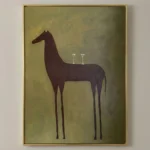 Minimalist figurative hand-painted canvas depicting a dark burgundy horse with elongated legs and two martini glasses on its back, set against a muted sage green background