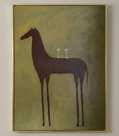 Minimalist figurative hand-painted canvas depicting a dark burgundy horse with elongated legs and two martini glasses on its back, set against a muted sage green background