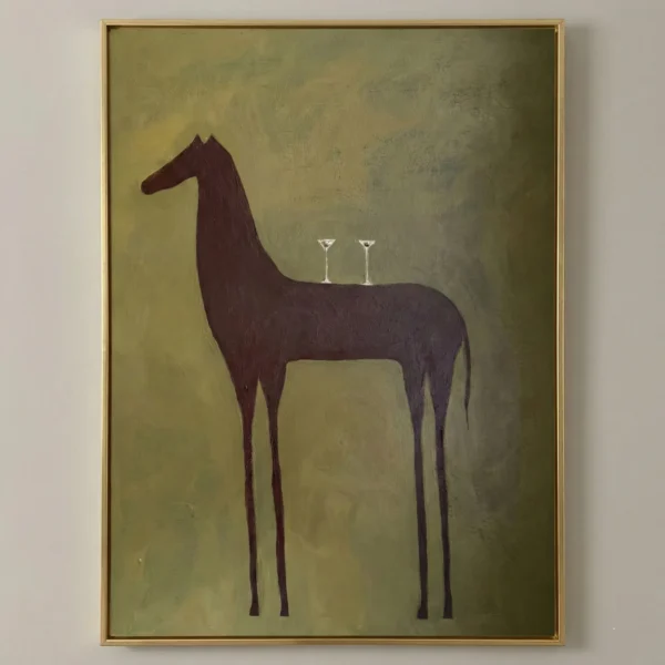 Minimalist figurative hand-painted canvas depicting a dark burgundy horse with elongated legs and two martini glasses on its back, set against a muted sage green background