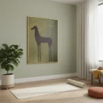 Minimalist figurative hand-painted canvas depicting an elongated horse silhouette in deep brown against muted sage tones, yoga studio setting