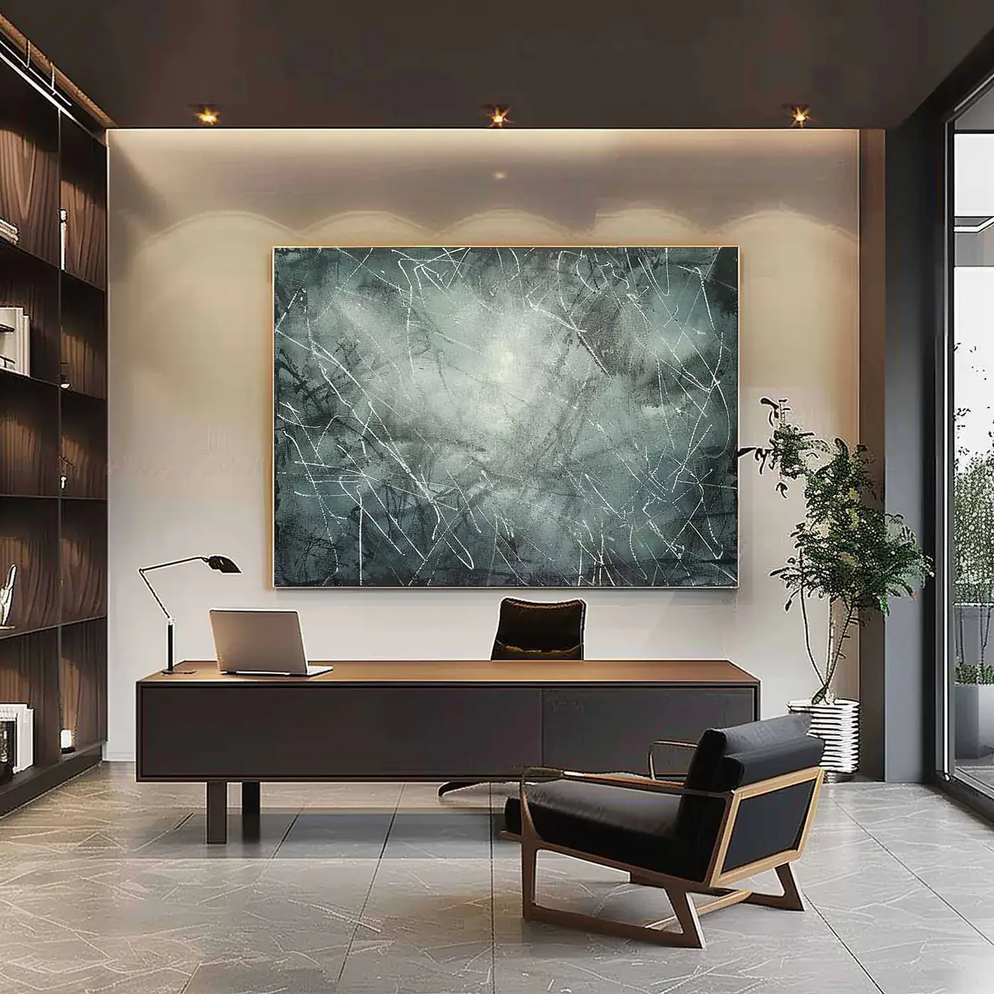 Gestural abstract expressionist canvas with layered charcoal and white marks on teal-grey ground, contemporary office space