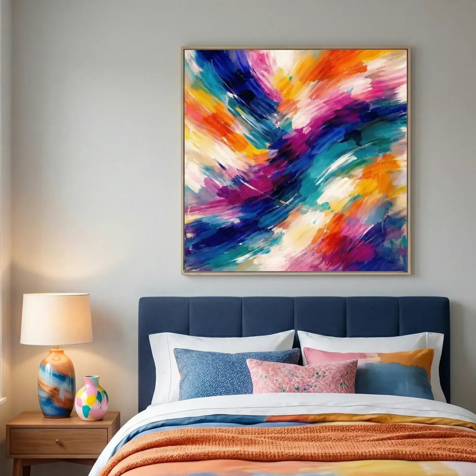 Gestural abstract expressionist canvas in vibrant rainbow brushstrokes above navy upholstered bed